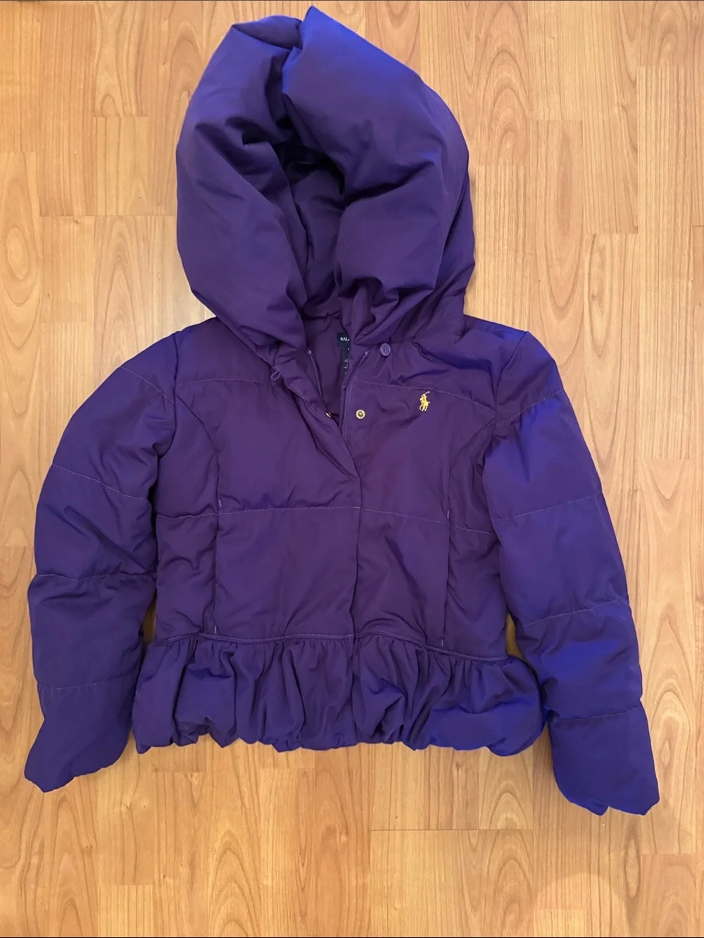 Ralph Lauren Purple Hooded Quilted Peplum Puffer Jacket